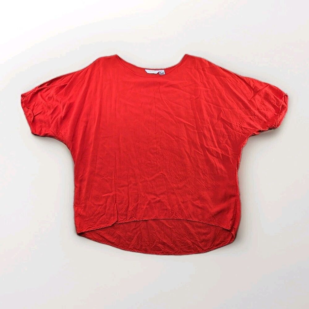 JAMS WORLD Women Large Red Dolman Fire Blouse 100% Rayon Short Sleeve Fish Print